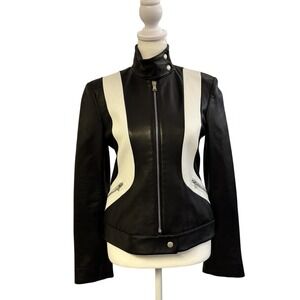 DKNY 100% Lamb Leather Jacket Black White Moto Racer‎ Italian Women's Size 2